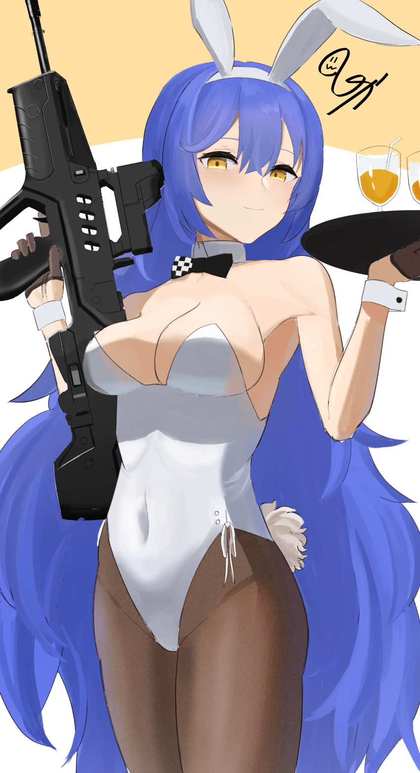 1girl, absurdres, animal_ears, assault_rifle, bare_shoulders, black_bow, black_bowtie, blue_hair