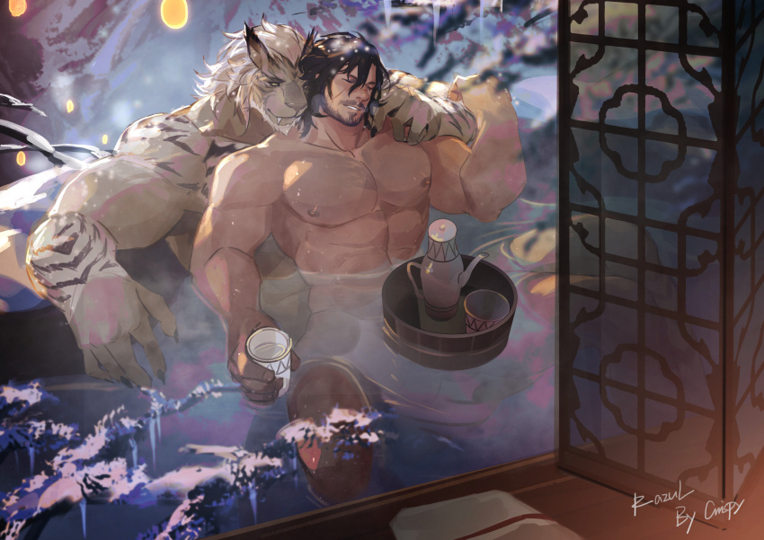 2boys, abs, absurdres, bara, beard, beard_stubble, couple, crrispy_shark