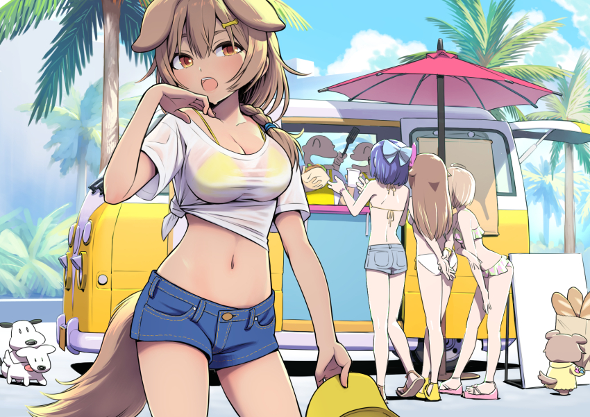 2boys, 2others, 5girls, a-chan_(hololive), animal_ears, bikini, bikini_under_clothes, blue_shorts