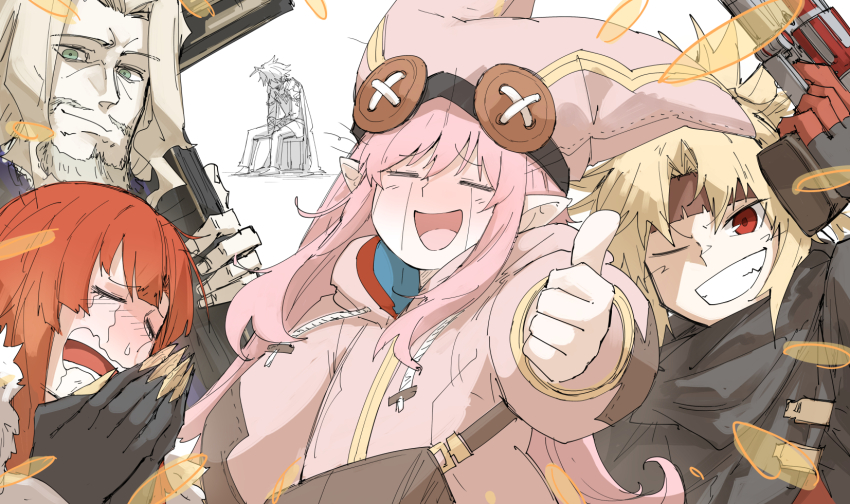 2boys, 3girls, alternate_eye_color, beard, blonde_hair, crying, facial_hair, fate/grand_order