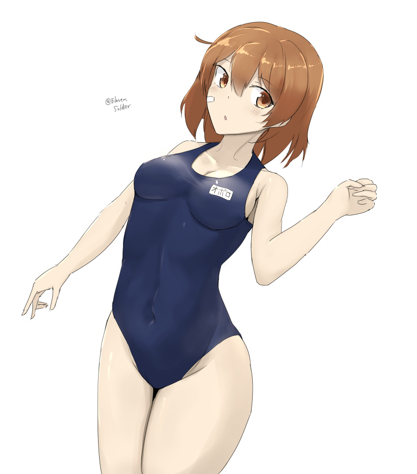 1girl, :o, absurdres, bandaid, bandaid_on_face, blue_one-piece_swimsuit, breasts, brown_eyes