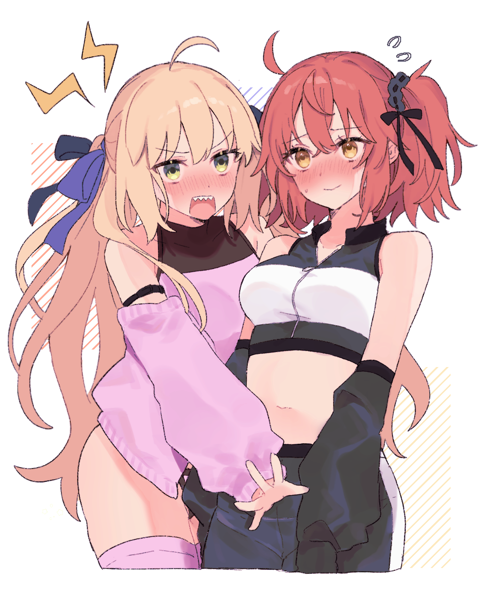 2girls, ahoge, artoria_caster_(counter_stretch)_(fate), artoria_caster_(fate), artoria_pendragon_(fate), bare_shoulders, black_ribbon, blonde_hair