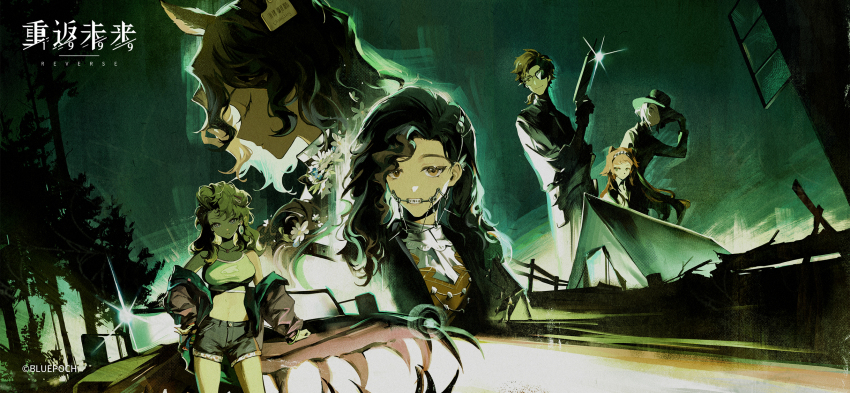 1boy, 5girls, adjusting_clothes, adjusting_headwear, animal_ears, backlighting, bare_shoulders, blonney, boater_hat, braces, car, closed_eyes, closed_mouth, copyright_name, copyright_notice, cowboy_shot, curly_hair, daisy_(flower), deer_ears, deer_girl, denim, denim_shorts, ear_tag, flower, glasses, green_background, gun, hair_flower, hair_ornament, halftone, hand_up, highres, holding, holding_gun, holding_weapon, horropedia, jacket, jessica_(reverse:1999), logo, long_hair, looking_at_viewer, motor_vehicle, multiple_girls, nail_polish, navel, off_shoulder, official_art, official_wallpaper, open_clothes, open_jacket, portrait, poster_(medium), profile, reverse:1999, short_hair, shorts, smile, sonetto_(reverse:1999), sports_bra, stomach, teeth, tent, tooth_fairy_(reverse:1999), tree, upper_body, vertin_(reverse:1999), weapon