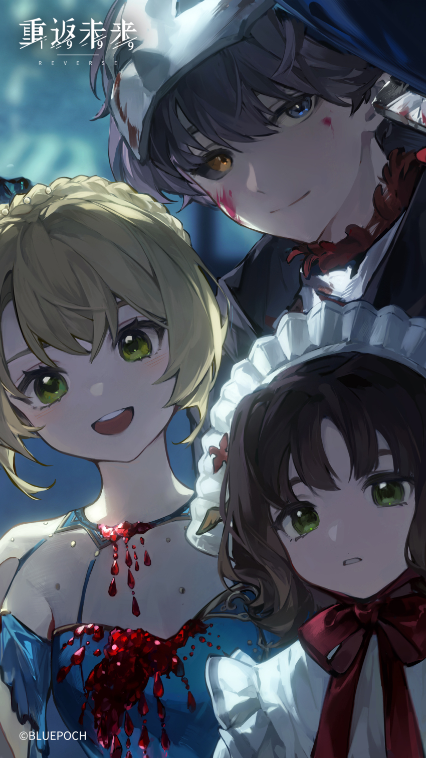 1boy, 2girls, :d, absurdres, backlighting, black_sclera, blonde_hair, blood