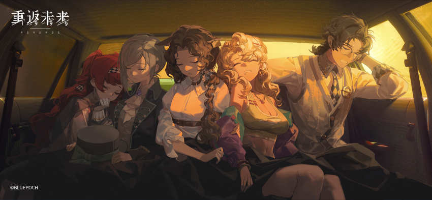 1boy, 4girls, animal_ears, ascot, badge, bare_shoulders, belt, black_jacket