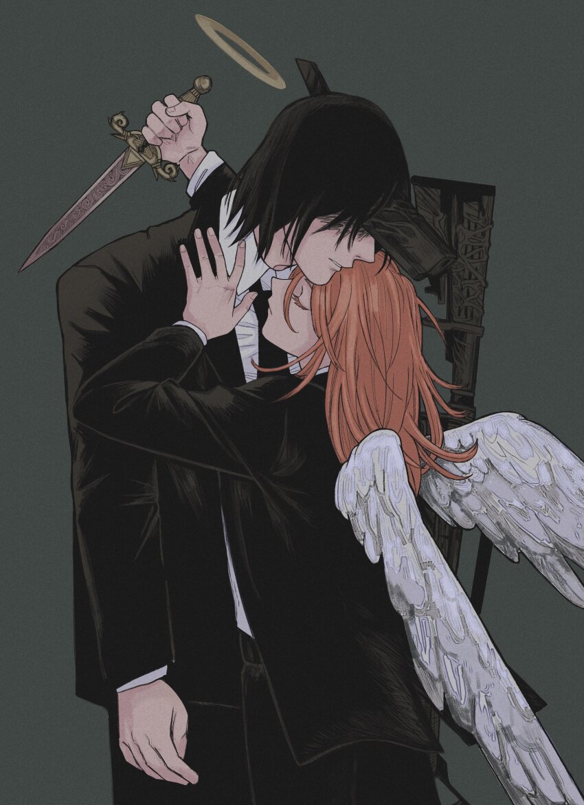 2boys, absurdres, androgynous, angel, angel_devil_(chainsaw_man), angel_wings, arm_up, black_jacket