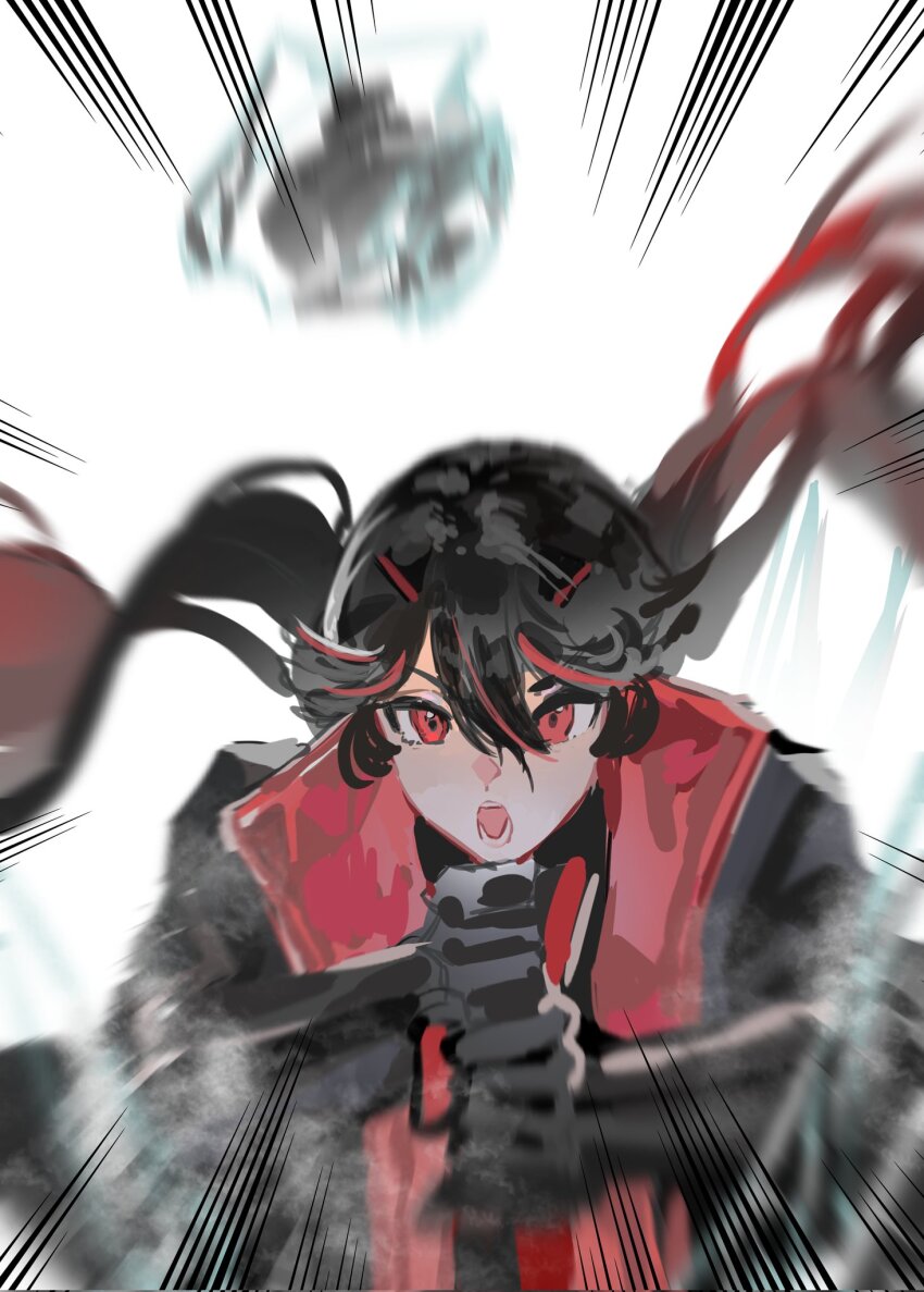 1girl, 1other, black_hair, black_jacket, corrupted_twitter_file, fake_horns, gabriel_(pgr), gradient_hair