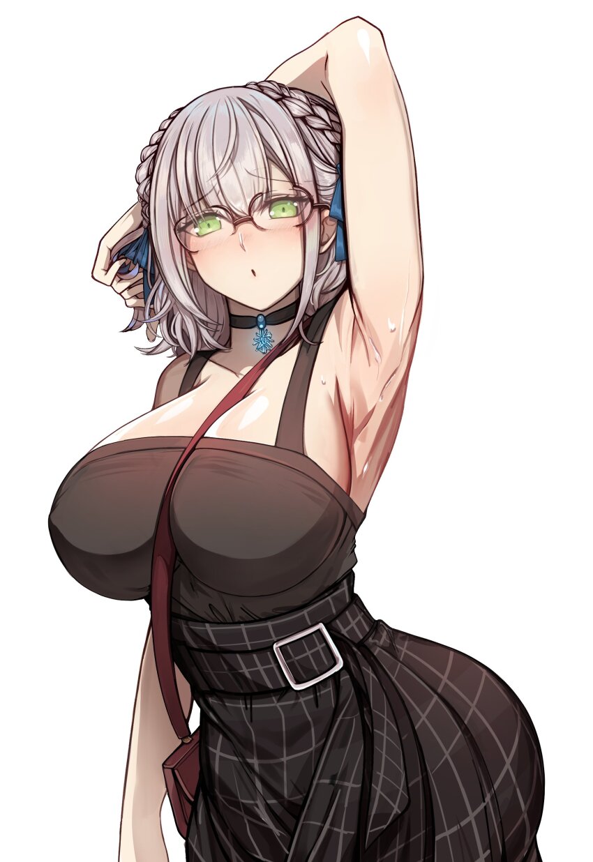 1girl, absurdres, between_breasts, black_choker, black_tank_top, blush, braid, breasts