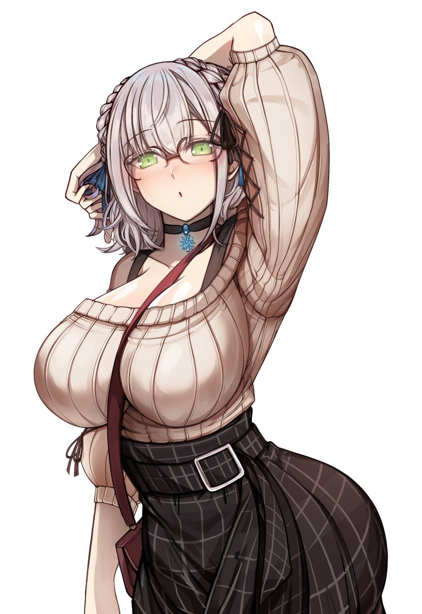 1girl, absurdres, between_breasts, black_choker, black_tank_top, blush, braid, breasts