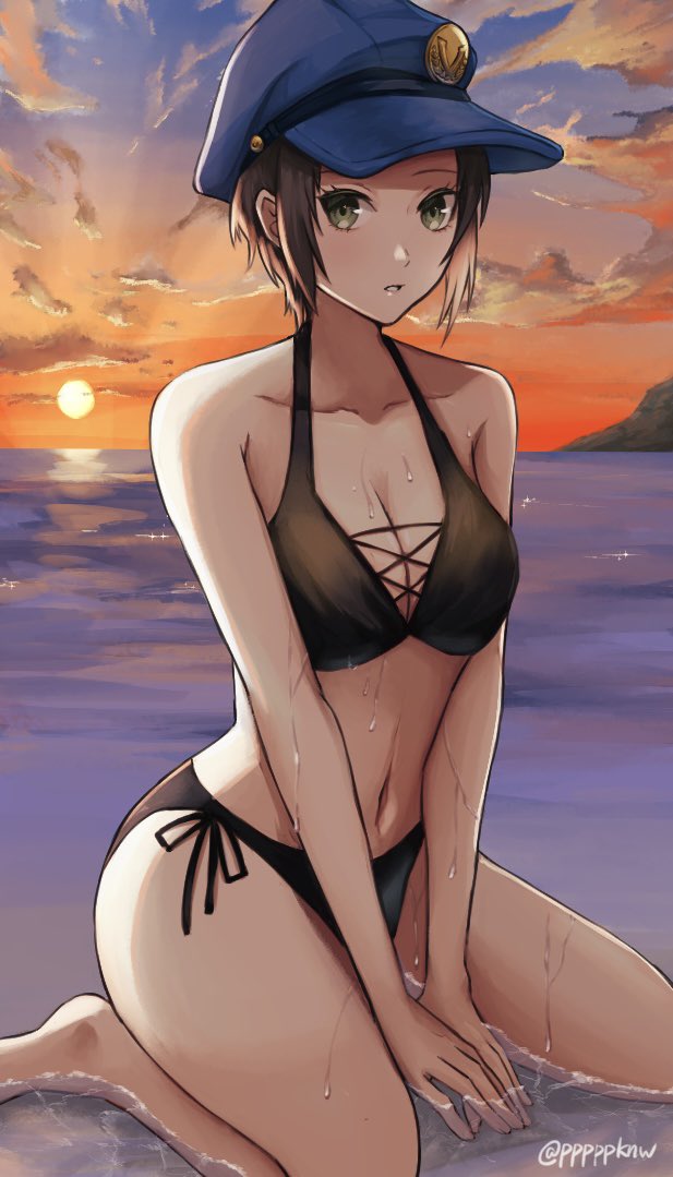 1girl, alternate_costume, beach, bikini, black_bikini, black_hair, blue_hat, breasts