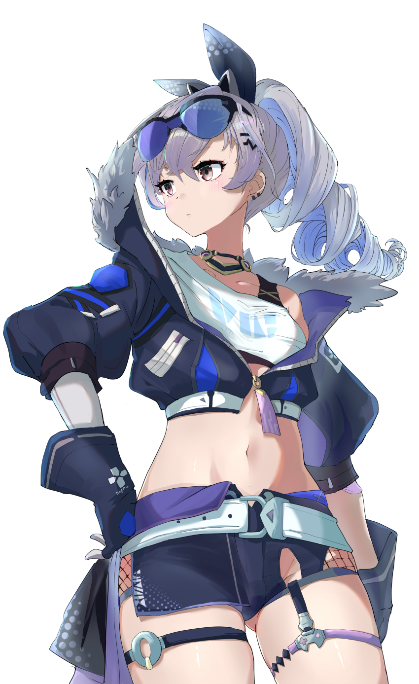 1girl, absurdres, belt, black_gloves, black_jacket, black_shorts, blue-tinted_eyewear, blush