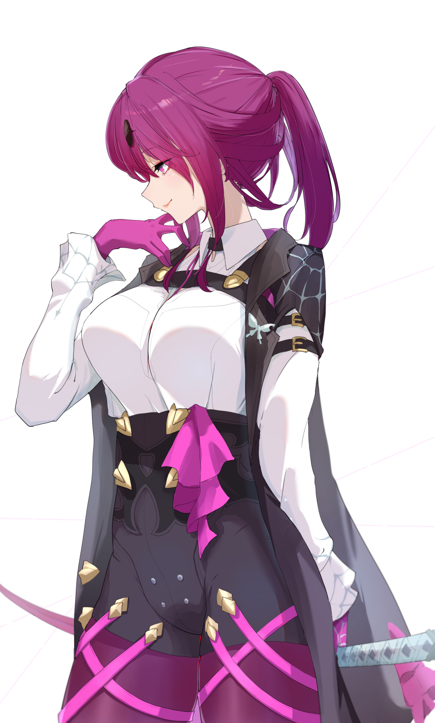 1girl, absurdres, arm_belt, black_jacket, black_shorts, breasts, chest_harness, closed_mouth