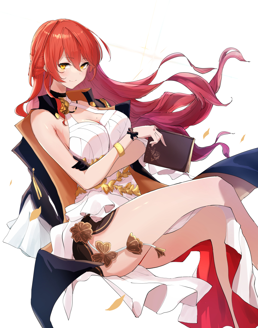 1girl, absurdres, black_gloves, black_jacket, blush, book, bracelet, breasts, cleavage, crossed_arms, crossed_legs, dress, gloves, hair_between_eyes, highres, himeko_(honkai:_star_rail), holding, holding_book, honkai:_star_rail, honkai_(series), invisible_chair, jacket, jewelry, large_breasts, long_hair, looking_at_viewer, petals, red_eyes, riroi, simple_background, single_glove, sitting, smile, solo, white_background, white_dress, yellow_eyes