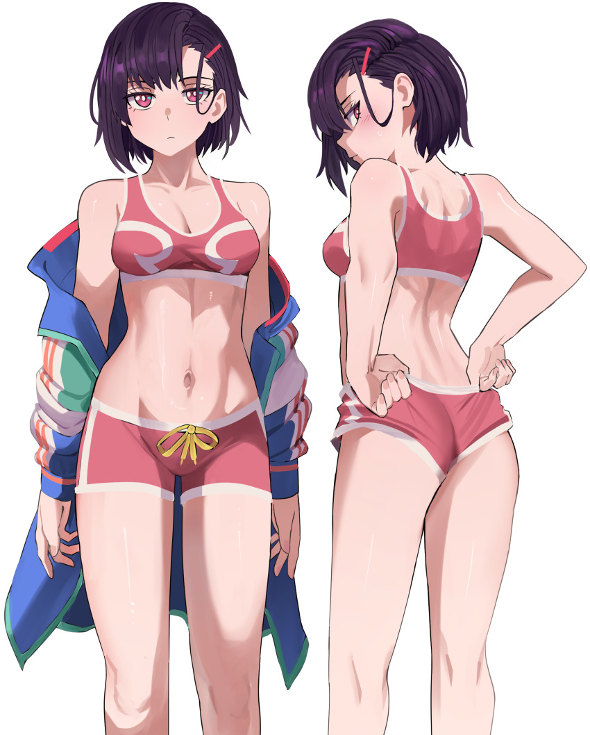 1girl, absurdres, adjusting_clothes, adjusting_shorts, bare_shoulders, blue_jacket, blush, breasts, cleavage, closed_mouth, commentary, english_commentary, feet_out_of_frame, from_behind, gluteal_fold, hair_ornament, hairclip, highres, jacket, jourd4n, long_sleeves, looking_at_viewer, looking_back, loose_hair_strand, mikazuki_shizuka, multicolored_jacket, multiple_views, navel, off_shoulder, open_clothes, open_jacket, pink_eyes, pink_shorts, purple_hair, ribbon, short_hair, short_shorts, shorts, simple_background, small_breasts, sports_bra, standing, white_background, yellow_ribbon, zom_100:_zombie_ni_naru_made_ni_shitai_100_no_koto