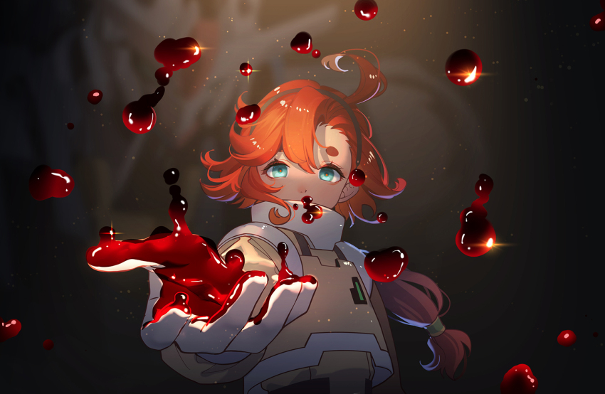 1girl, ahoge, aqua_eyes, beckoning, blood, blood_drop, blood_on_hands, blurry