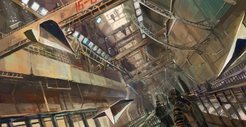 2boys, astronaut, bad_id, bad_pixiv_id, denchou, dutch_angle, hangar, multiple_boys