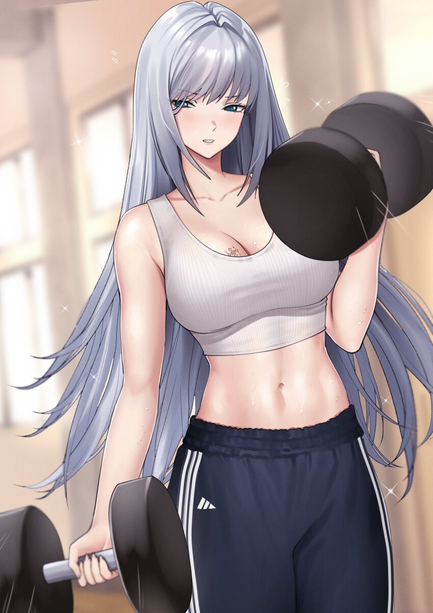 1girl, absurdres, bare_arms, bare_shoulders, blue_eyes, blue_pants, breast_tattoo, breasts, cleavage, collarbone, commentary, cowboy_shot, crop_top, dumbbell, ethel_(xenoblade), exercising, grey_hair, highres, indoors, large_breasts, long_hair, looking_at_viewer, mari48240422, midriff, navel, pants, parted_lips, solo, sports_bra, standing, stomach, tattoo, very_long_hair, weightlifting, xenoblade_chronicles_(series), xenoblade_chronicles_3
