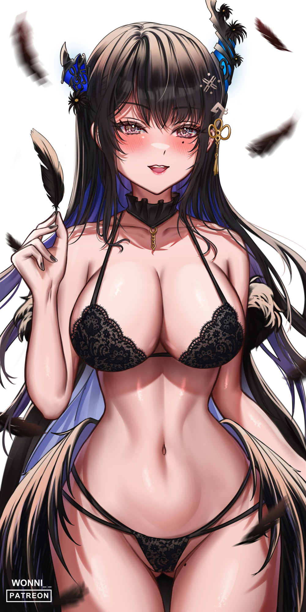 1girl, armpit_crease, artist_name, asymmetrical_horns, bare_arms, bare_shoulders, black_bra, black_feathers, black_flower, black_hair, black_nails, black_panties, black_wings, blue_hair, blush, bra, breasts, collarbone, colored_inner_hair, commentary, crossed_bangs, demon_horns, english_commentary, falling_feathers, feathered_wings, feathers, fingernails, flower, gluteal_fold, grey_eyes, hair_ornament, highres, hololive, hololive_english, horn_flower, horns, large_breasts, long_hair, looking_at_viewer, low_wings, mole, mole_on_thigh, mole_under_eye, multi-strapped_panties, multicolored_hair, nail_polish, navel, nerissa_ravencroft, open_mouth, paid_reward_available, panties, shedding, shedding_feathers, simple_background, solo, stomach, straight_hair, tassel, tassel_hair_ornament, underwear, underwear_only, uneven_horns, very_long_hair, virtual_youtuber, white_background, wings, wonnikon