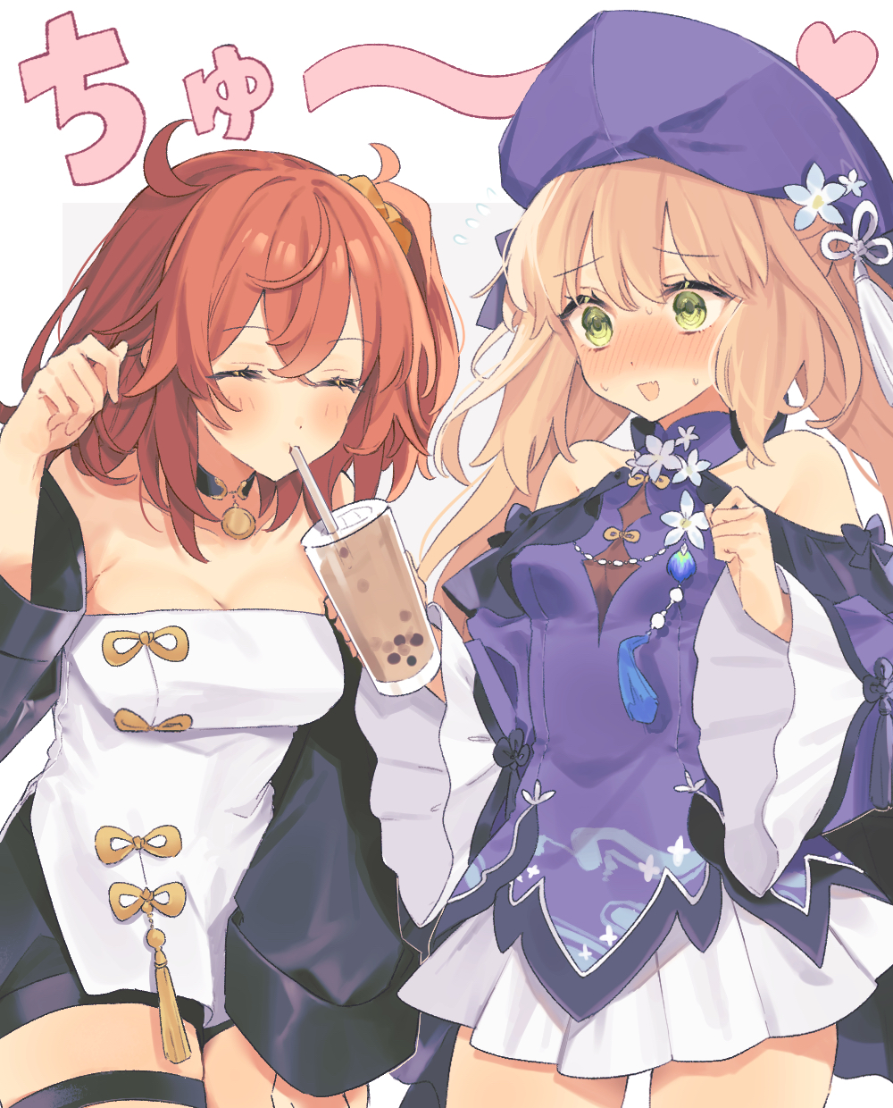 2girls, ahoge, artoria_caster_(concept_dress)_(fate), artoria_caster_(fate), artoria_pendragon_(fate), bare_legs, bare_shoulders, black_bow