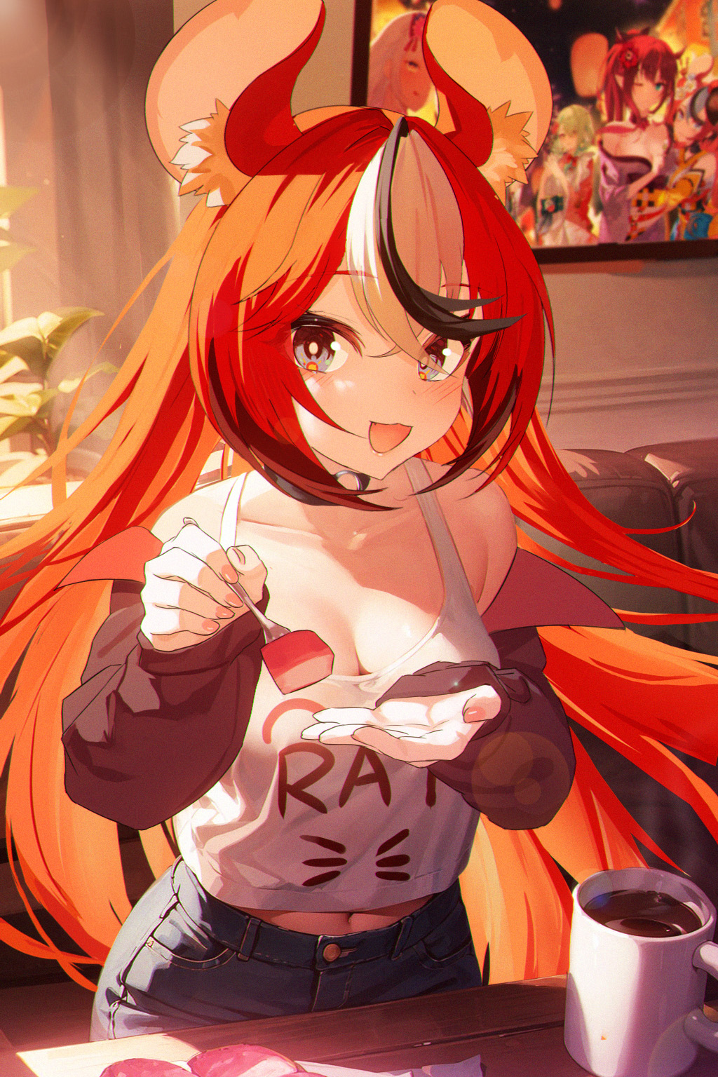 1girl, adapted_costume, animal_ear_fluff, animal_ears, black_hair, black_jacket, blue_eyes, blush, breasts, cake, ceres_fauna, ceres_fauna_(new_year), cleavage, clothes_writing, coffee, coffee_mug, commentary, cup, denim, denim_shorts, drawing_(object), english_commentary, food, fork, hakos_baelz, hakos_baelz_(new_year), highres, holding, holding_fork, hololive, hololive_english, incoming_food, irys_(hololive), irys_(new_year)_(hololive), jacket, japanese_clothes, jeans, jiang_ye_kiri, kimono, long_hair, long_sleeves, looking_at_viewer, mask, mask_on_head, medium_breasts, mouse_ears, mouse_girl, mug, multicolored_hair, multicolored_kimono, navel, official_alternate_costume, open_mouth, pants, picture_frame, pink_kimono, plant, print_kimono, purple_kimono, red_hair, shorts, smile, streaked_hair, swiss_roll, tank_top, very_long_hair, virtual_youtuber, white_hair, white_tank_top