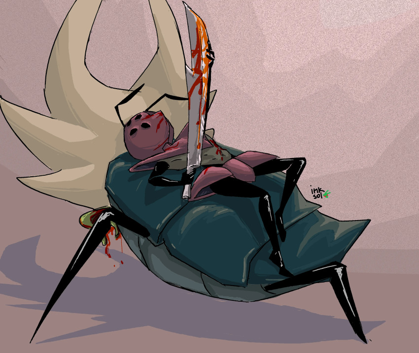 1girl, armor, arthropod_girl, beast_(god_tamer)_(hollow_knight), blood, bug, god_tamer_(hollow_knight), helmet, highres, holding, holding_weapon, hollow_knight, ink_soldier, lying, on_back, sword, tagme, weapon