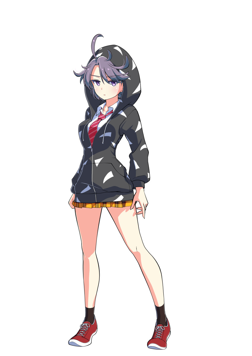 1girl, absurdres, ahoge, artist_request, black_hoodie, black_socks, breasts, collared_shirt