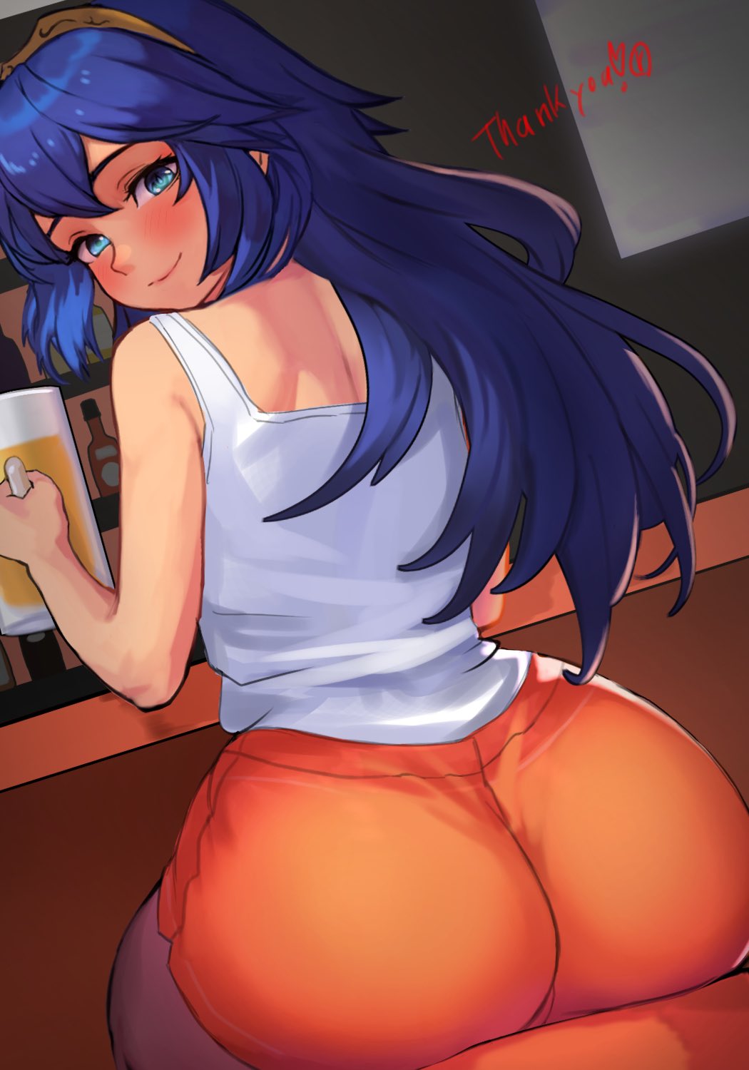 1girl, alternate_costume, ass, bar_(place), beer_mug, blue_eyes, blue_hair, brown_pantyhose