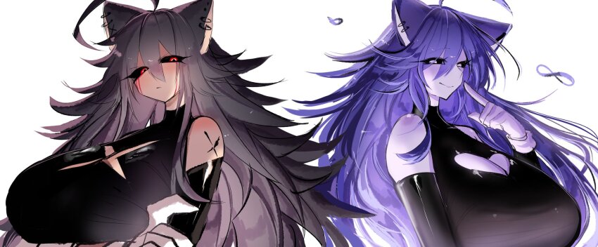 ahoge, animal_ears, black_hair, blood, bloody_tears, breasts, cleavage, cleavage_cutout, clothing_cutout, ear_piercing, frown, heart_cutout, highres, huge_breasts, long_hair, lord_x_(sonic.exe), majin_(sonic.exe), messy_hair, piercing, purple_eyes, purple_hair, red_eyes, smile, sonic.exe, sonic_(series), usa37107692, x_cutout