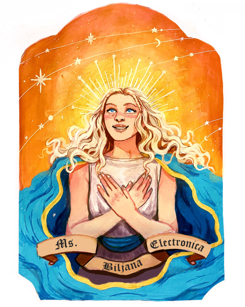 1girl, large_nose, blonde_hair, blue_background, blue_eyes, blue_sash, border, braid