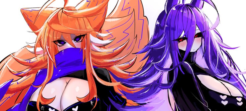 2girls, ahoge, animal_ears, black_sclera, blue_eyes, blue_scarf, blush, breasts, cleavage, cleavage_cutout, clothing_cutout, colored_sclera, genderswap, genderswap_(mtf), high_collar, highres, huge_breasts, humanization, long_hair, looking_at_viewer, luther, messy_hair, mr._needlemouse, multiple_girls, orange_hair, purple_hair, red_eyes, scarf, sonic.exe, sonic_(series), usa37107692