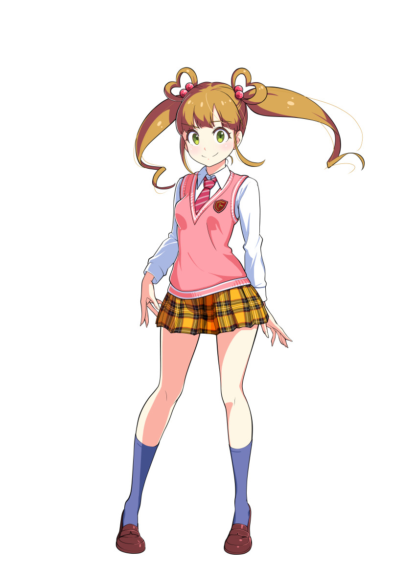 1girl, absurdres, artist_request, blue_socks, breasts, brown_hair, collared_shirt, full_body