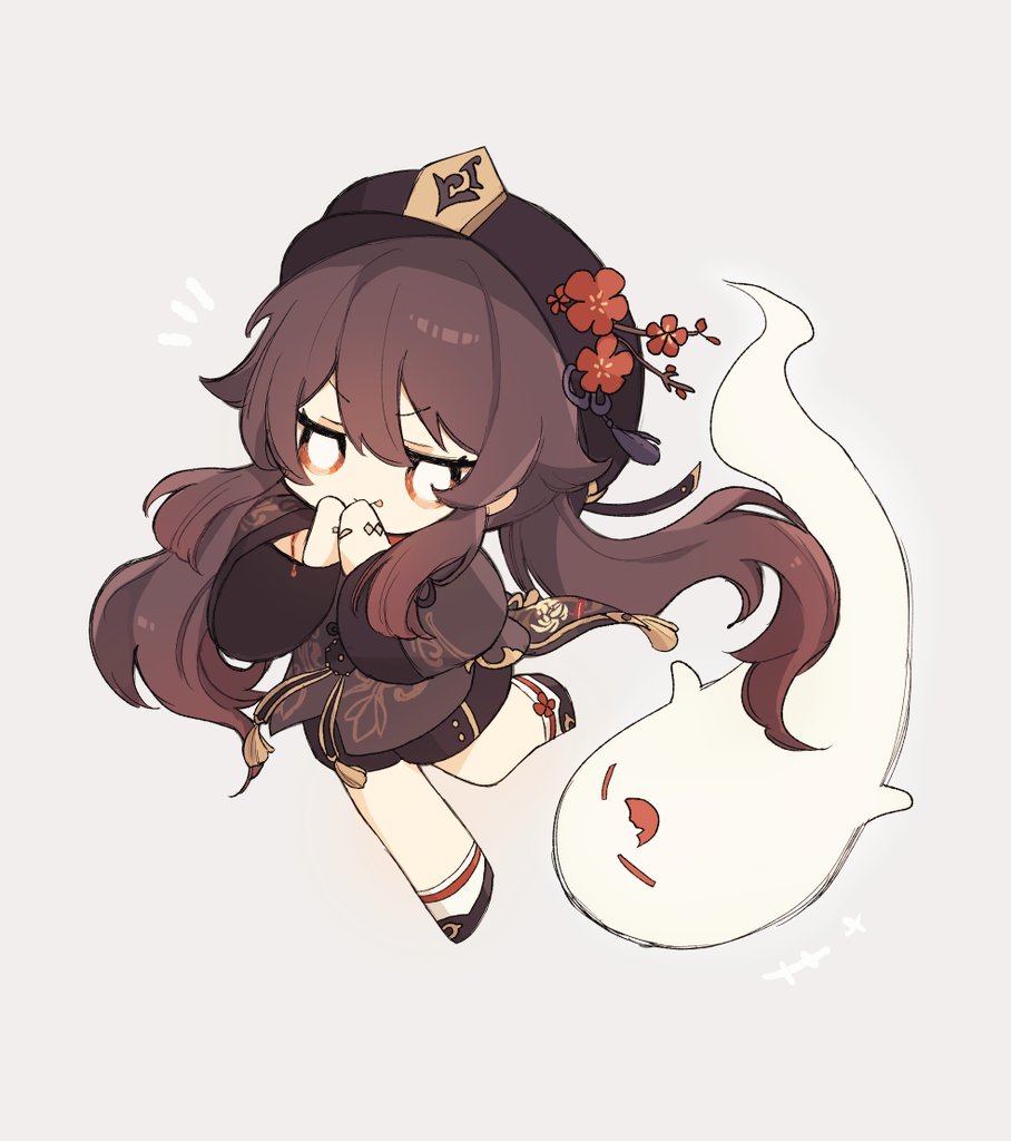 1girl, black_hat, boo_tao_(genshin_impact), bright_pupils, brown_coat, brown_hair, brown_shorts, chibi