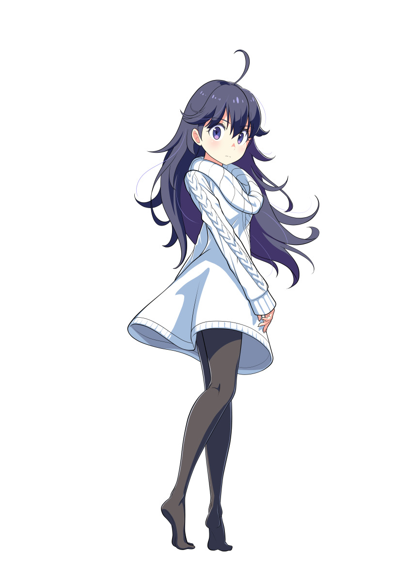 1girl, absurdres, ahoge, artist_request, dress, full_body, highres, kamisaman, long_hair, long_sleeves, looking_back, magicami, messy_hair, official_art, pantyhose, purple_eyes, standing, transparent_background