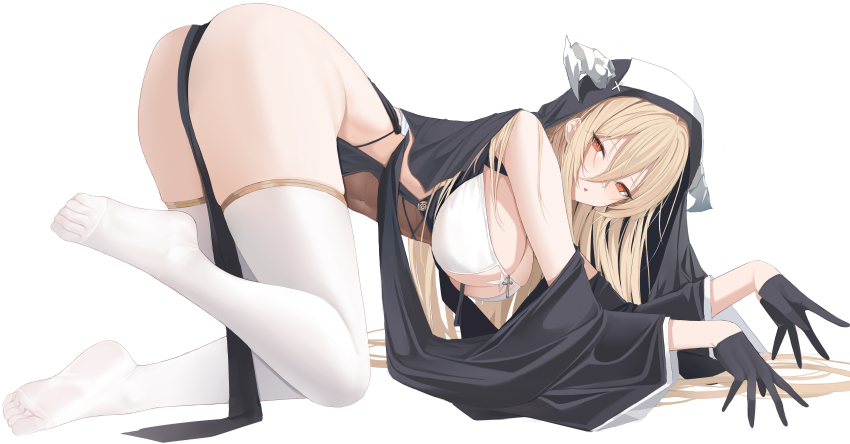 1girl, absurdres, all_fours, ass, azur_lane, bare_shoulders, black_gloves, blonde_hair, breasts, covered_navel, fake_horns, feet, from_side, full_body, gloves, habit, hair_between_eyes, hair_spread_out, half_gloves, hanging_breasts, highres, horns, implacable_(azur_lane), kuyoumi, large_breasts, long_hair, looking_at_viewer, looking_to_the_side, no_shoes, nun, pelvic_curtain, red_eyes, revealing_clothes, see-through_clothes, simple_background, soles, solo, thighhighs, toes, very_long_hair, white_background, white_horns, white_thighhighs