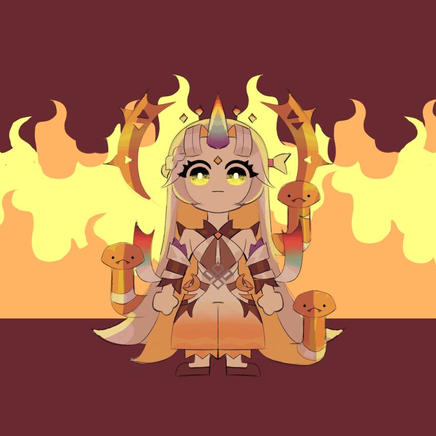 blonde_hair, chibi, fire, fire_emblem, fire_emblem_heroes, gullveig_(fire_emblem), gullveig_(seer_beyond_time)_(fire_emblem), highres