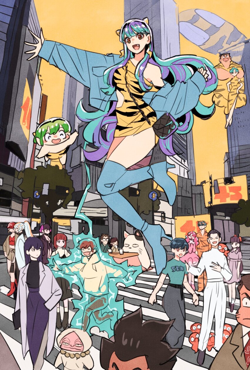 6+boys, 6+girls, ^_^, animal, animal_on_shoulder, animal_print, anniversary, annoyed