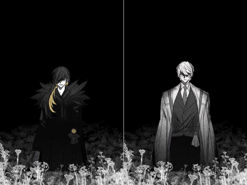 1boy, 1girl, binah_(project_moon), black_background, black_coat, black_dress, black_hair, black_pants, blonde_hair, coat, collared_shirt, colored_inner_hair, cosmichorror, dark, dress, field, flower, flower_field, grey_necktie, grey_vest, highres, hokma_(project_moon), library_of_ruina, long_hair, multicolored_hair, necktie, pants, project_moon, shaded_face, shirt, vest, white_coat, white_hair, white_shirt