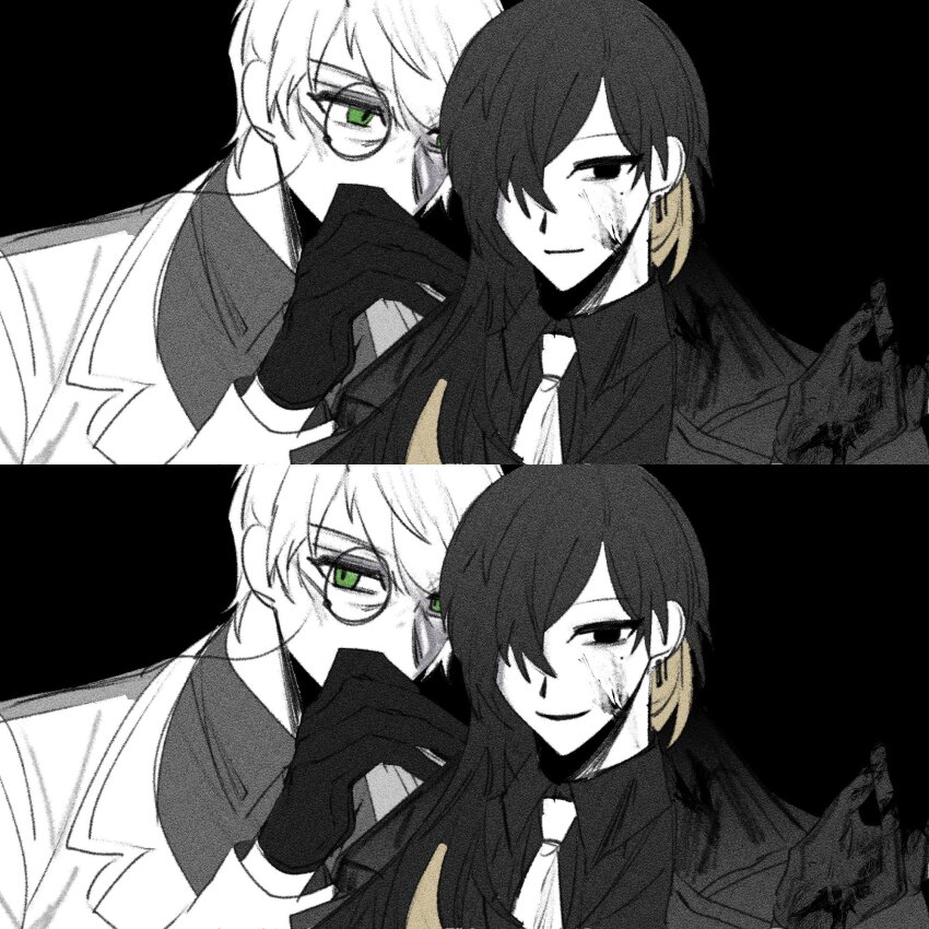 1boy, 1girl, binah_(project_moon), black_background, black_eyes, black_gloves, black_hair, black_shirt