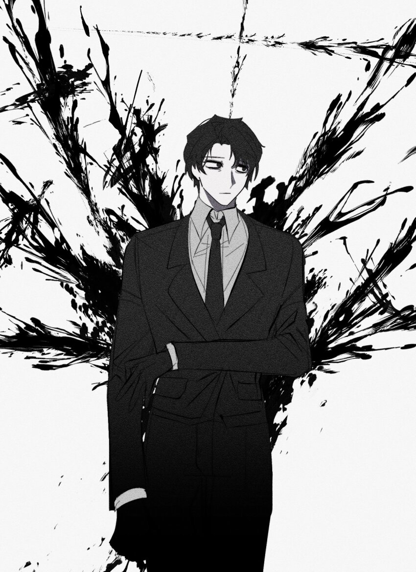1boy, arm_at_side, black_blood, black_eyes, black_gloves, black_hair, black_jacket, black_necktie