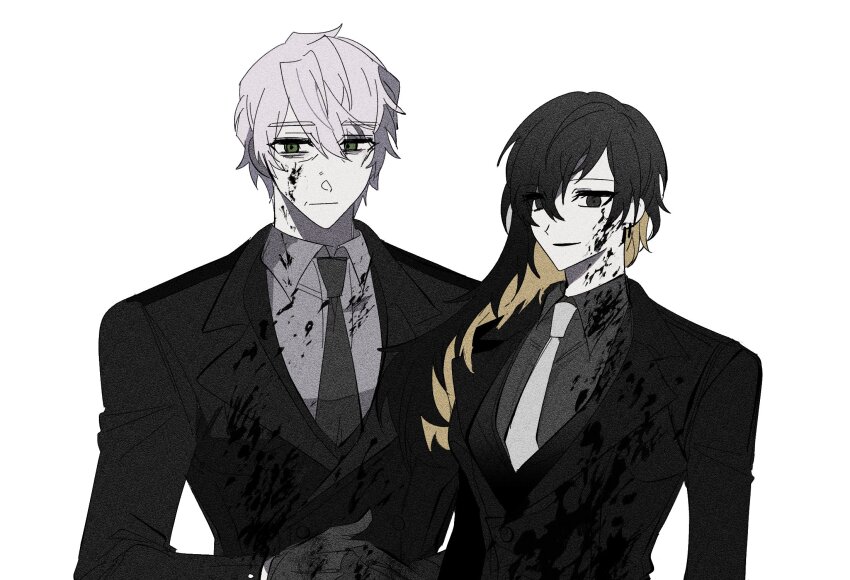 1boy, 1girl, binah_(project_moon), black_eyes, black_hair, black_jacket, blonde_hair, blood, blood_on_clothes, blood_on_face, collared_shirt, colored_inner_hair, cosmichorror, grey_necktie, grey_shirt, highres, hokma_(project_moon), jacket, library_of_ruina, long_hair, long_sleeves, monocle, multicolored_hair, muted_color, necktie, parted_lips, project_moon, shirt, simple_background, upper_body, white_background, white_necktie, white_shirt, wing_collar