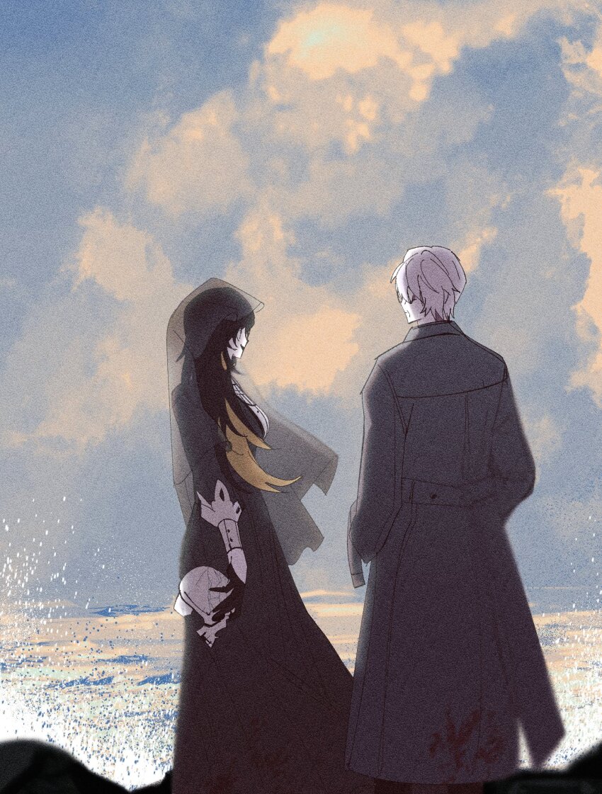 1boy, 1girl, binah_(project_moon), black_dress, black_gloves, black_hair, black_veil, blonde_hair, cloud, cosmichorror, dress, gloves, highres, hokma_(project_moon), holding, library_of_ruina, long_hair, long_sleeves, multicolored_hair, ocean, project_moon, rock, sky, streaked_hair, veil, white_hair