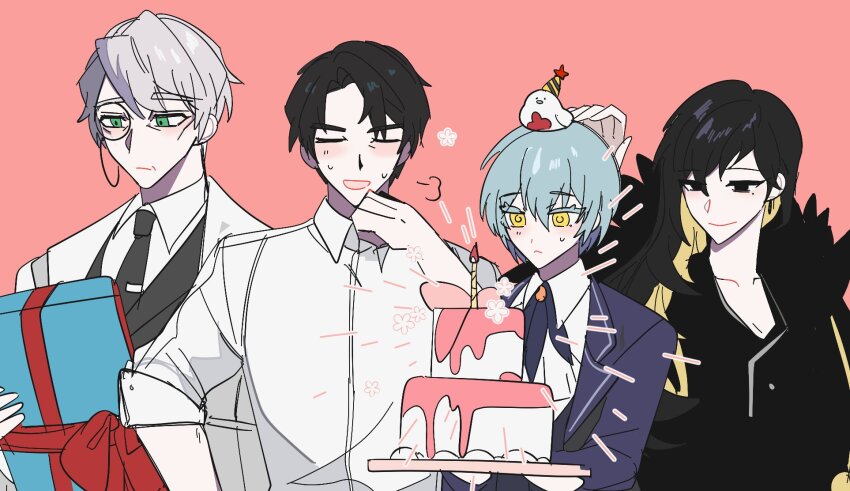 2boys, 2girls, angela_(project_moon), binah_(project_moon), birthday_cake, black_eyes, black_hair, blonde_hair