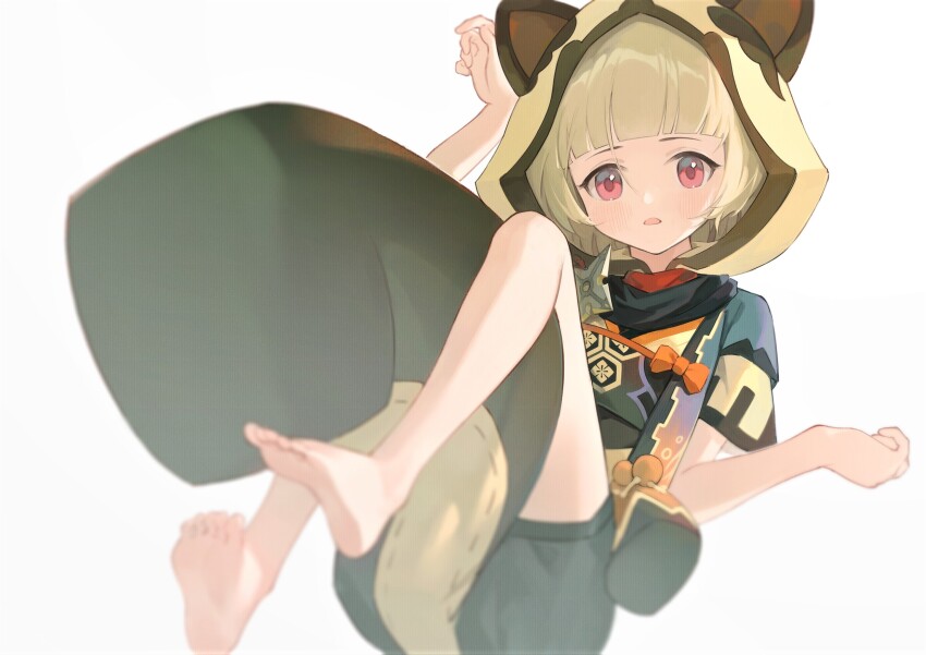 1girl, animal_ear_headwear, animal_ears, barefoot, blonde_hair, blunt_bangs, blurry, blurry_foreground