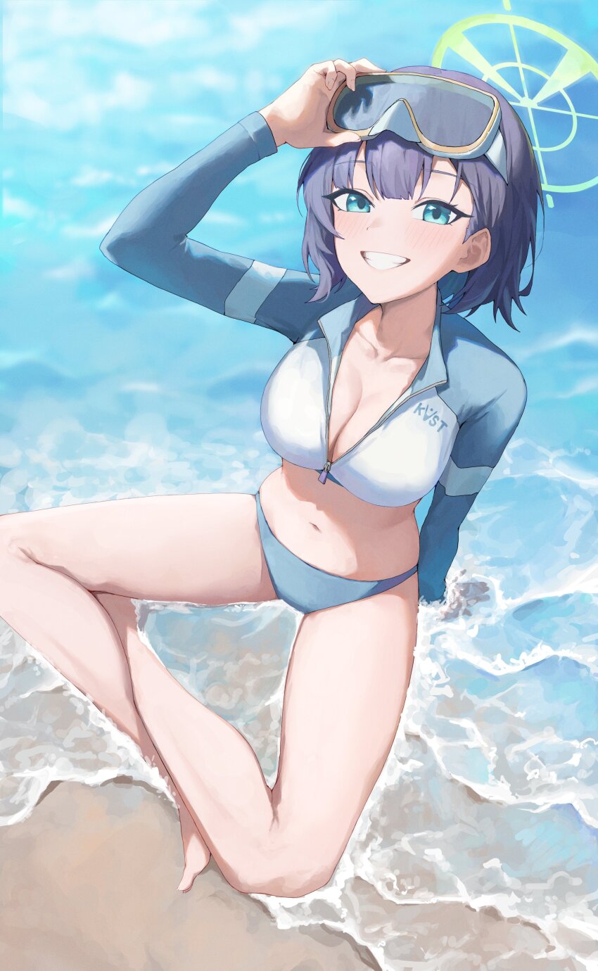 1girl, :d, absurdres, adjusting_goggles, arm_support, beach, bikini, bikini_bottom_only