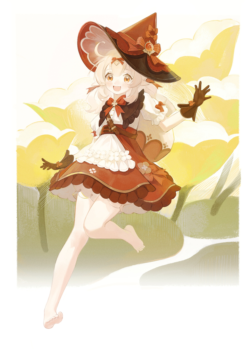 1girl, :d, barefoot, black_gloves, blonde_hair, border, bow, bowtie