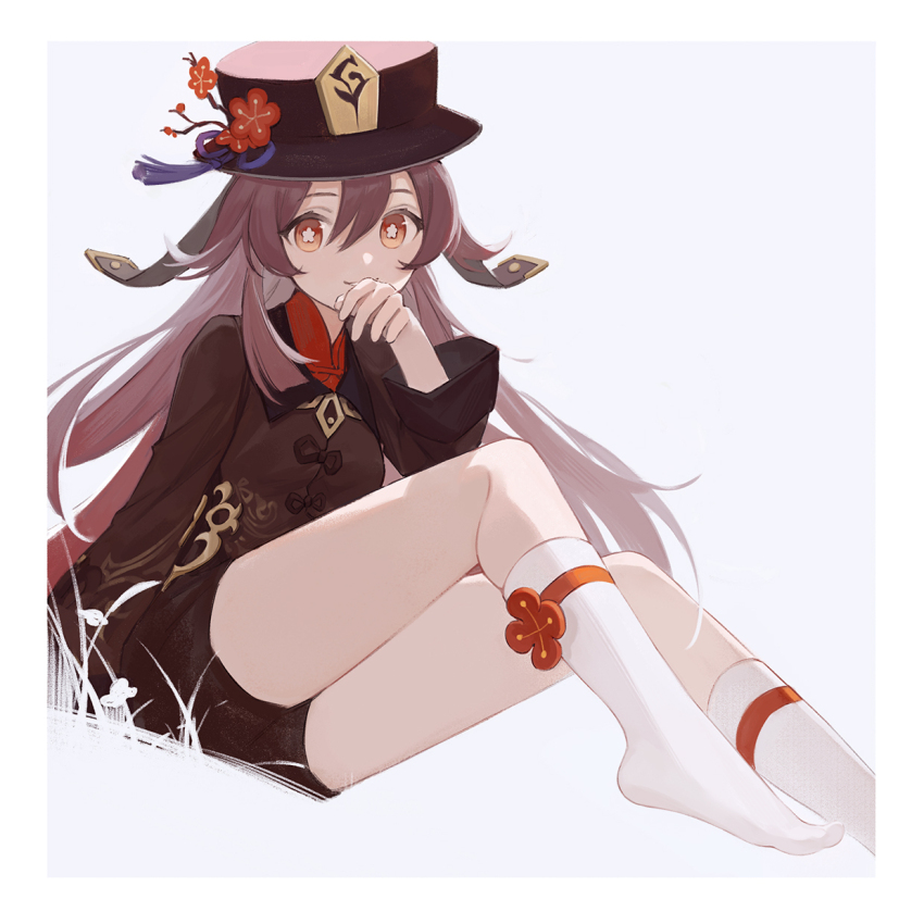 1girl, border, bright_pupils, brown_coat, brown_hair, brown_hat, brown_shorts, coat, commentary_request, covered_mouth, flower, flower-shaped_pupils, genshin_impact, grey_background, hair_between_eyes, hand_on_own_face, hand_up, hat, hat_flower, hat_tassel, highres, hu_tao_(genshin_impact), long_hair, long_sleeves, looking_at_viewer, no_shoes, orange_eyes, pen_liangshui_po_ya_po, shorts, simple_background, sitting, smile, socks, solo, symbol-shaped_pupils, thighs, twintails, white_border, white_pupils, white_socks