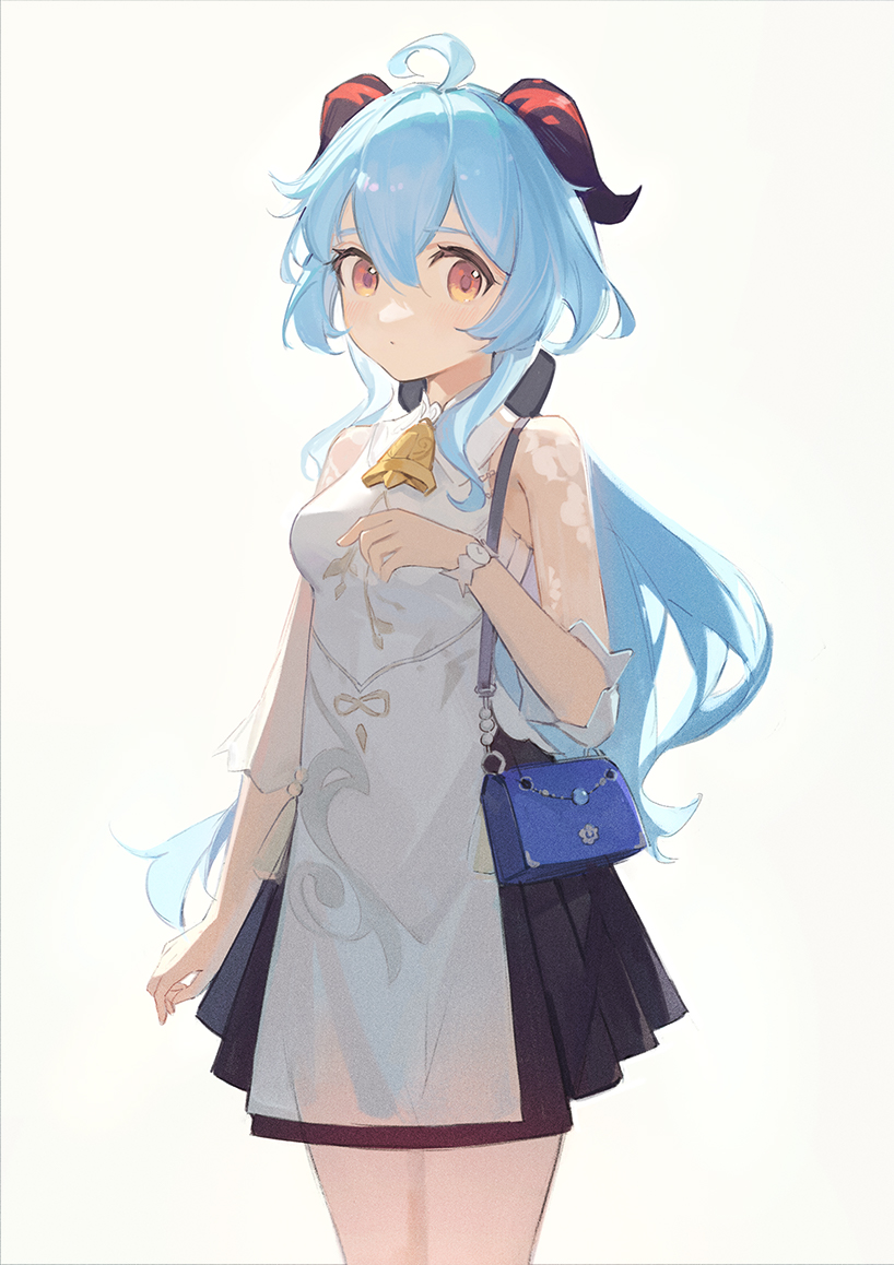 1girl, ahoge, bag, bell, black_skirt, blue_bag, blue_hair, china_dress