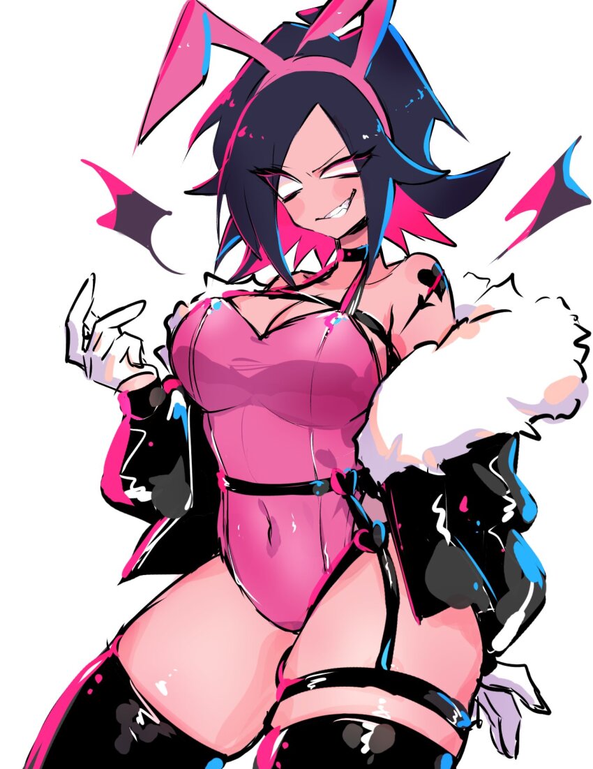 animal_ears, asymmetrical_legwear, black_hair, black_jacket, breasts, cleavage, fake_animal_ears, fur-trimmed_jacket, fur_trim, gloves, grin, heart, highres, jacket, large_breasts, medium_hair, multicolored_hair, navel, nene_(newgrounds), newgrounds, open_clothes, open_jacket, pink_hair, playboy_bunny, rabbit_ears, smile, thick_thighs, thighs, usa37107692, white_eyes, wide_hips