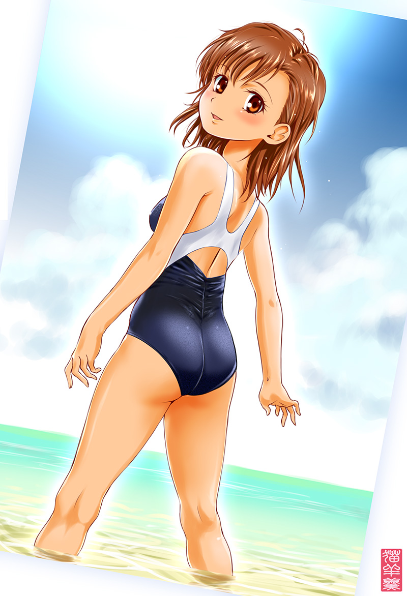 1girl, arms_at_sides, ass, back, beach, black_one-piece_swimsuit, blush, border
