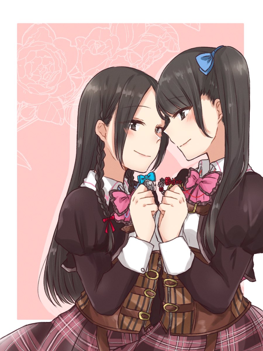 2girls, assault_lily, belt, belt_buckle, blue_bow, blush, border, bow